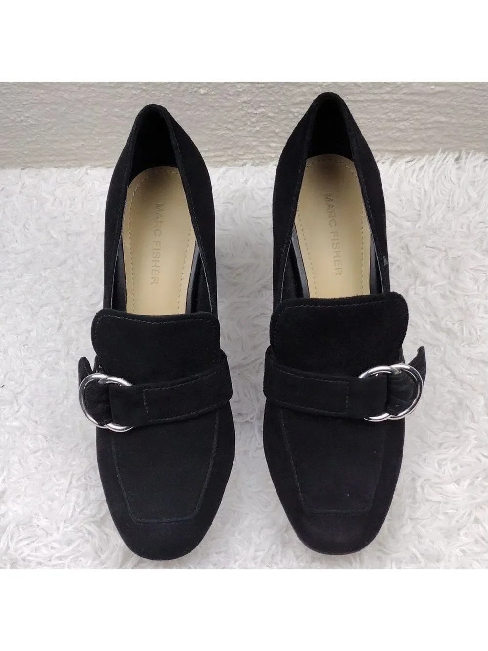 Marc Fisher Caila Black Suede Upper Round Toe Block High Heel Slip On Shoe